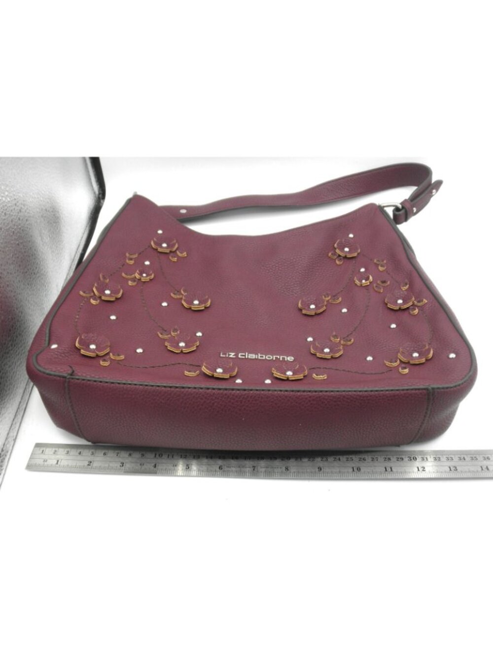Vintage Liz Claiborne Faux Leather Merlot Claret Shoulder Bag 3D applied Flowers - Picture 8 of 16